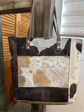 Myra Bag Genuine Cowhide Hair On Hide Leather Tote Western Ranch Purse 17x15x5
